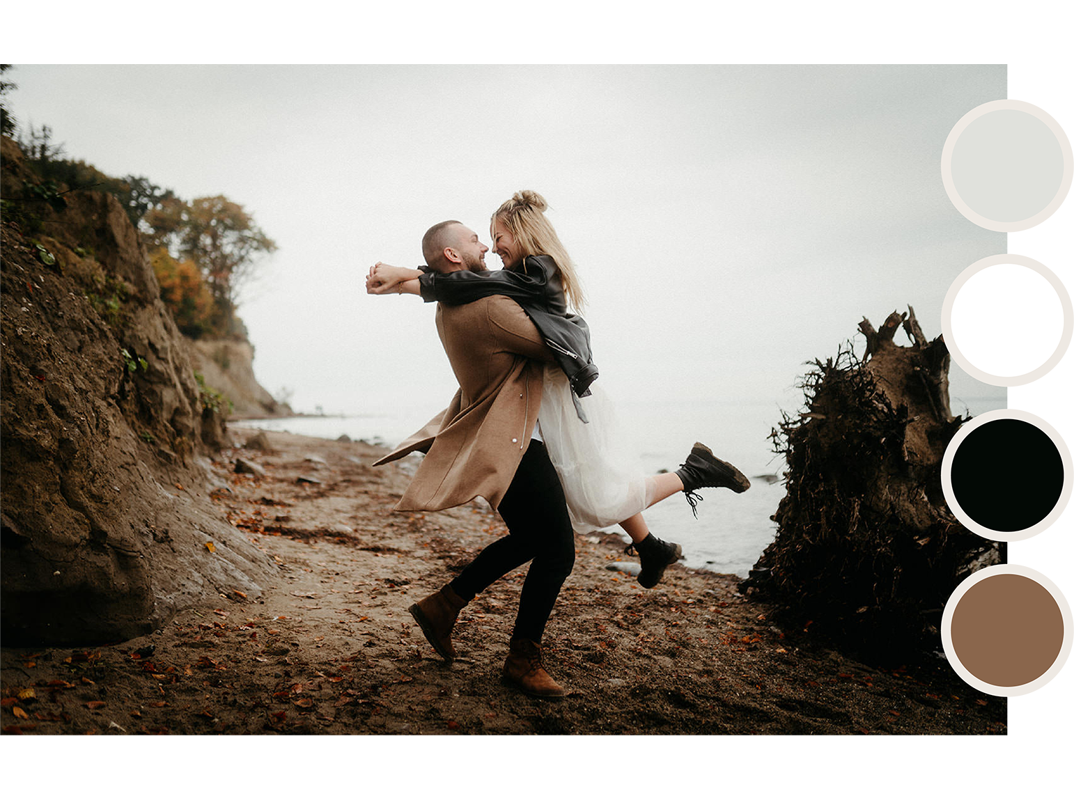 Couple spinning around on the beach. It's a rainy and dark mood. He is wearing a camel woolcoat, a black jeans and brown leather boots. She is wearing a white wedding dress, black leather boots and a leather jacket.